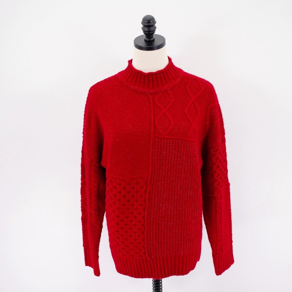 American Eagle XS Cableknit Sweater Mock Neck Red Knit Acrylic Polyester Elastan
